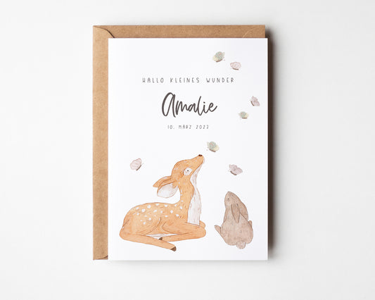 Personalisierte Glückwunschkarte zur Geburt - Waldtiere - Rehkitz, Hase und Schmetterlinge - Aquarell Karte
