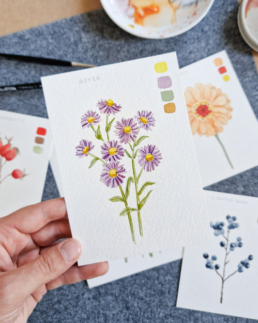 Einfache Aquarellblumen malen - Aster