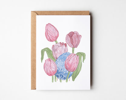 Aquarell Osterkarten mit Aquarell Tulpen und einem sorbischen Ei - gedruckt auf Recyclingpapier - Rebecca Roeder Illustration und Design