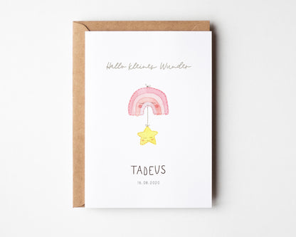 Personalisierte Glückwunschkarte zur Geburt mit Aquarell Motiv - Regenbogen und Sterne
